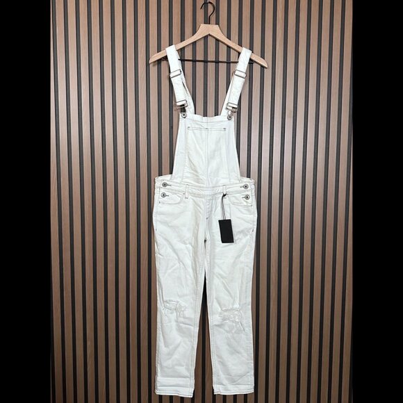 New Paige Overalls 25 Womens White One Piece Denim Straight Leg Destructive
